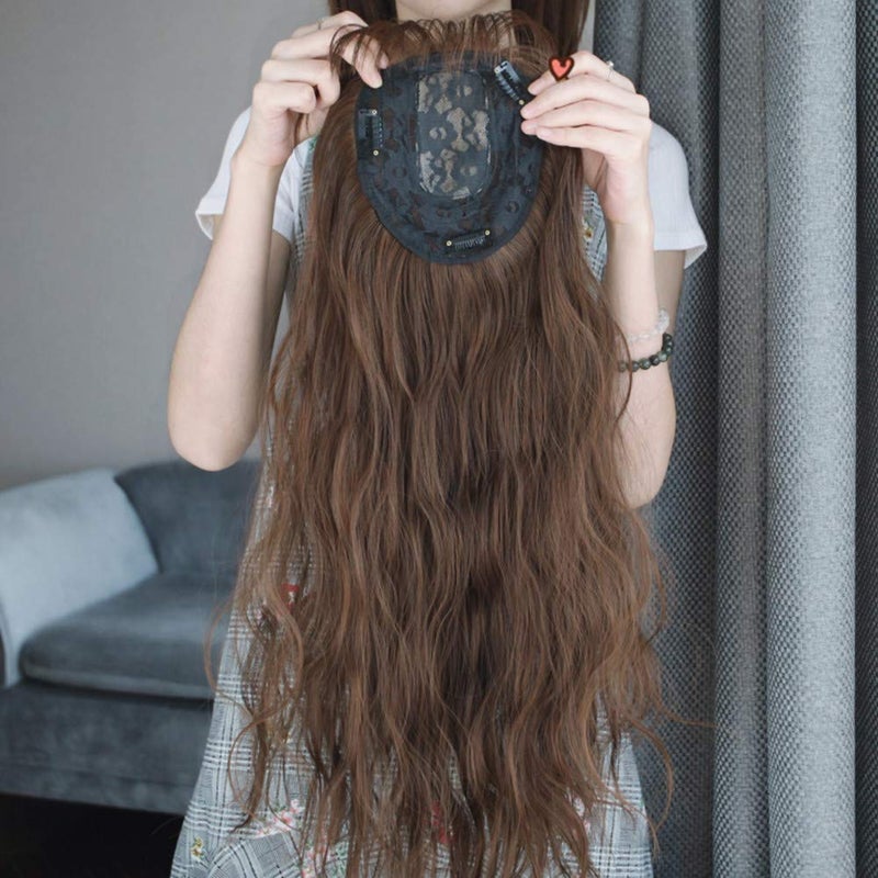 LesafeV 6"x6" Hair Forehead Replacement Piece Clip in Loose Wavy Supplement Topper With Wispy Fringe for Thinning Hair Light Brown - Image 5